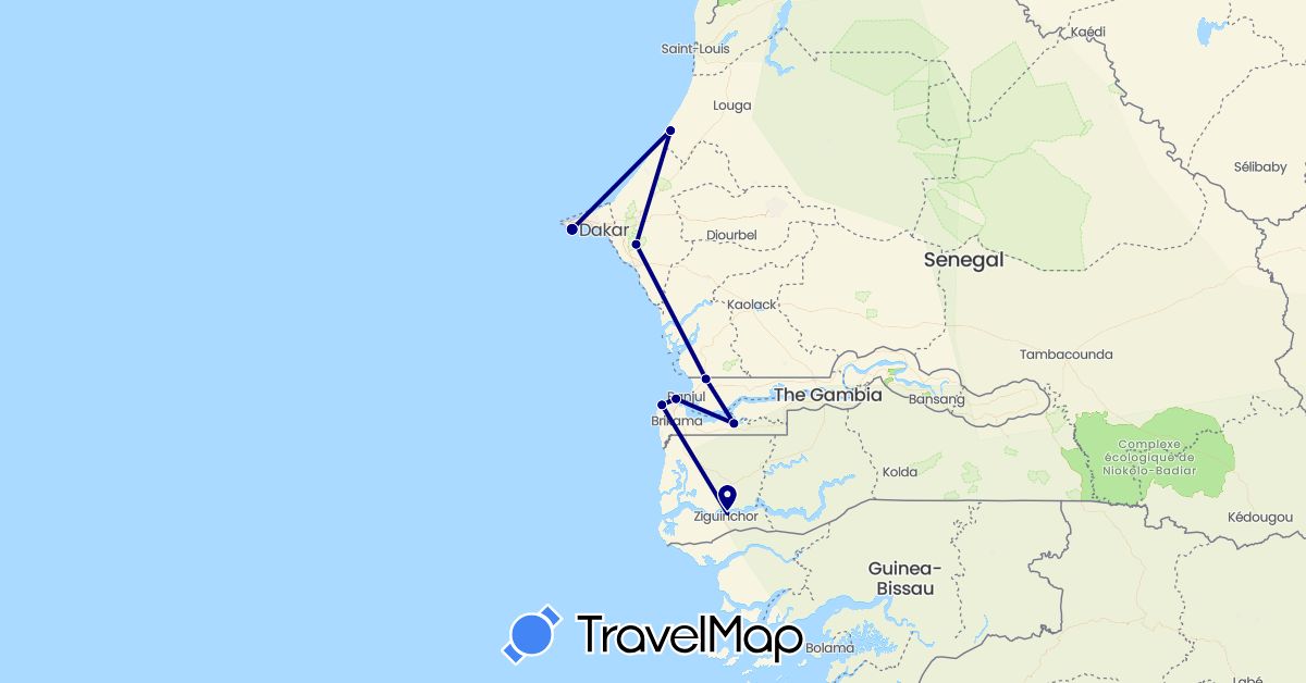 TravelMap itinerary: driving in Gambia, Senegal (Africa)